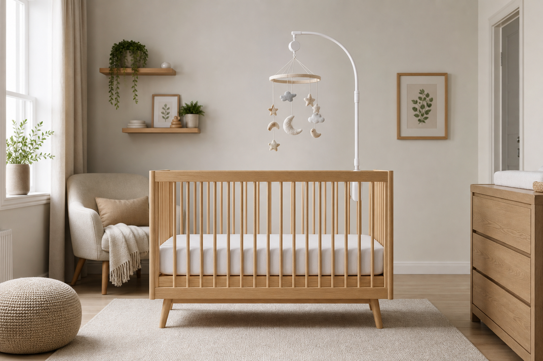 Balanced front view of a light oak cot with a white wooden mobile hanger and a neutral moon-and-cloud cot mobile hanging high above a clear mattress in a soft modern nursery