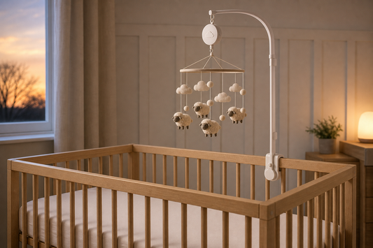Soft evening view of a light oak cot with a secure white wooden mobile hanger holding a simple sheep mobile high above a clear mattress, with a cloud music box attached to suggest a gentle bedtime comparison