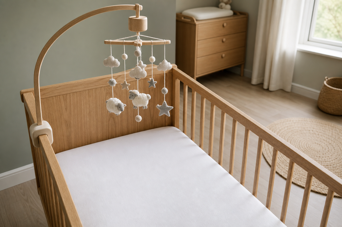 High-angle view of a light oak cot with a wooden mobile hanger placing a neutral felt mobile over the upper half of a clear nursery cot