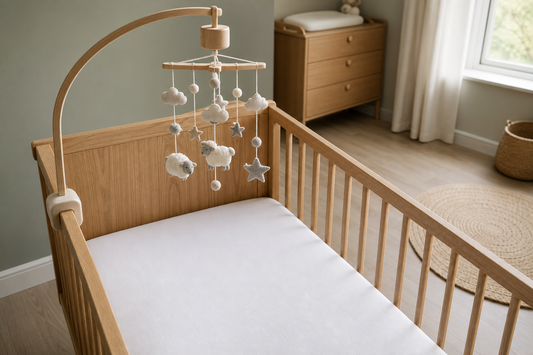High-angle view of a light oak cot with a wooden mobile hanger placing a neutral felt mobile over the upper half of a clear nursery cot