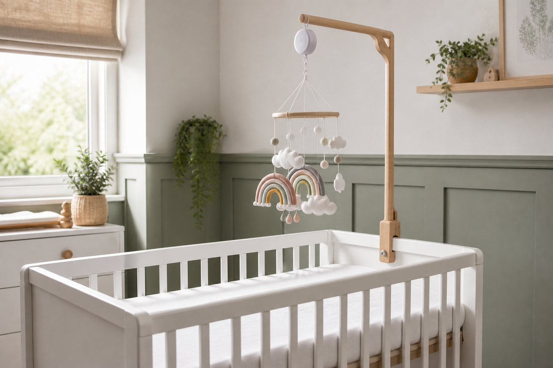 Wooden cot mobile hanger with rainbow and cloud mobile above a clear UK nursery cot