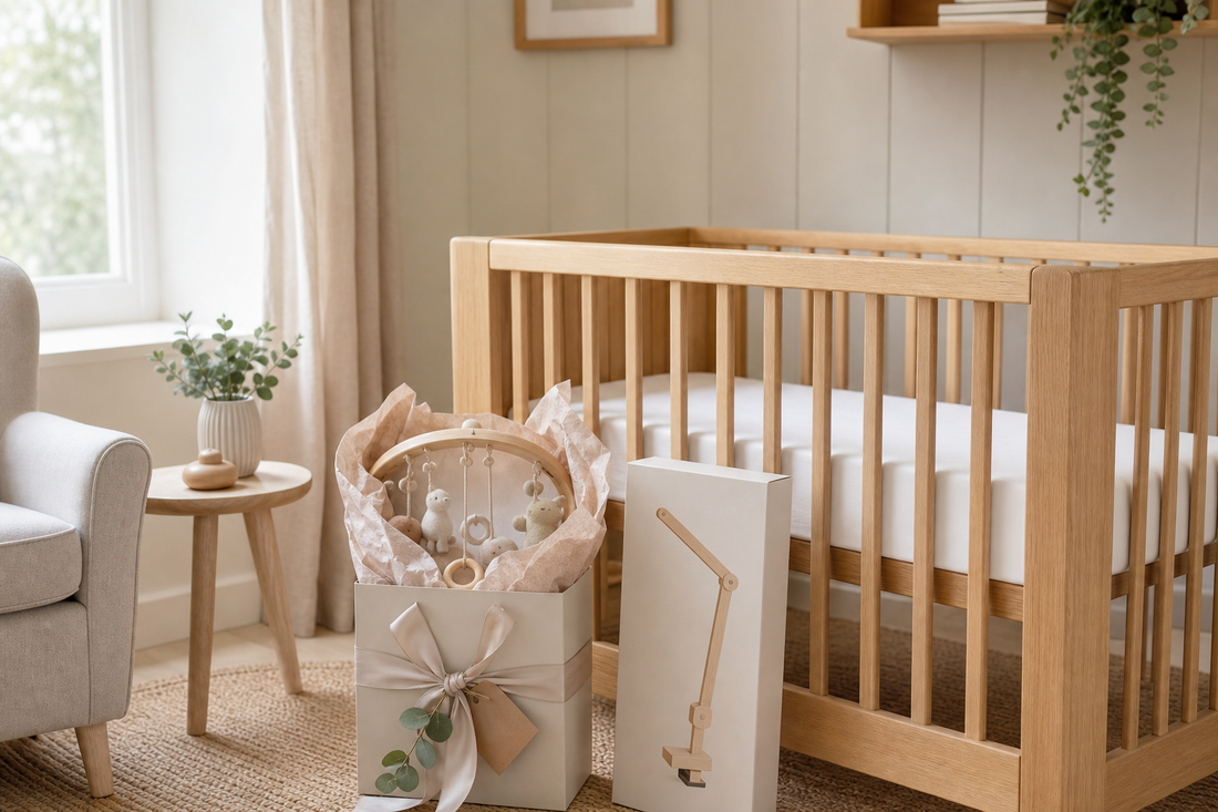 Three-quarter view of a soft modern UK nursery with a wrapped cot mobile gift and hanger box beside a clear light oak cot