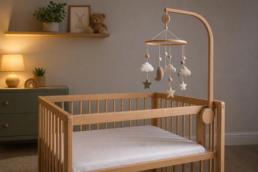 Three-quarter cot-side view of a light oak cot with a securely fitted wooden mobile hanger and a neutral cloud-and-moon felt mobile hanging high above a clear sleep space in a calm modern nursery