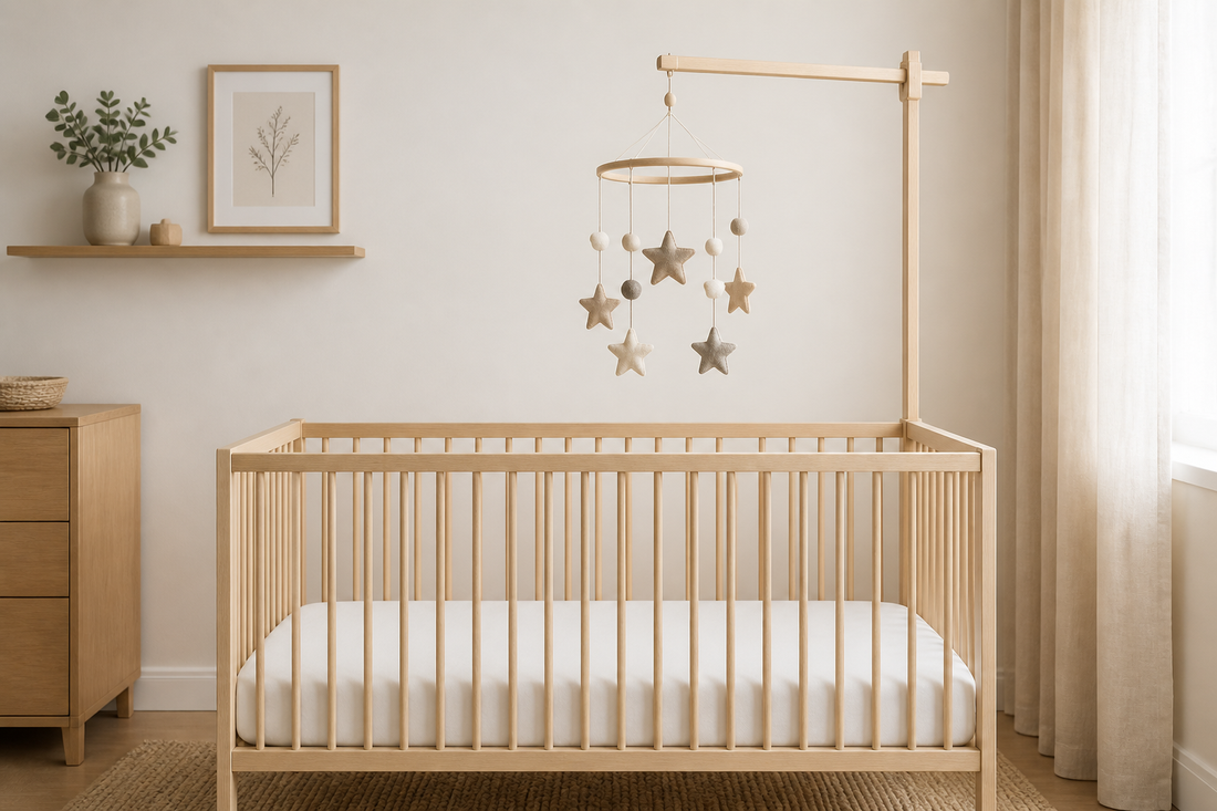 Straight-on cot-side view of a pale oak cot with a simple wooden mobile hanger and a softly spaced neutral star mobile hanging high above a clear white mattress in a minimalist UK nursery