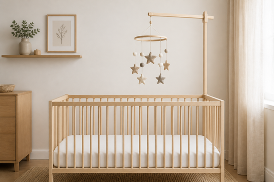 Straight-on cot-side view of a pale oak cot with a simple wooden mobile hanger and a softly spaced neutral star mobile hanging high above a clear white mattress in a minimalist UK nursery