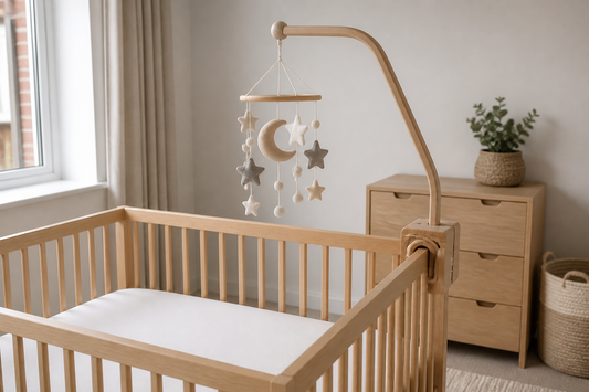 Diagonal nursery view of a pale oak cot with a wooden mobile hanger securely clamped to the rail and a neutral felt cot mobile hanging high above a clear white mattress