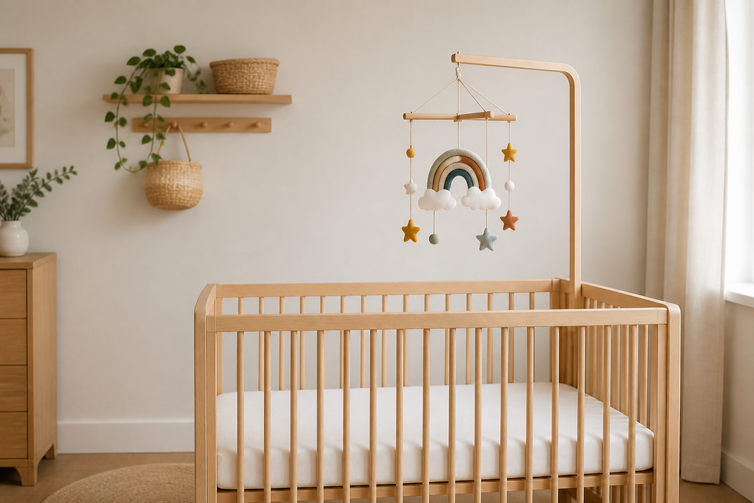 Wide nursery view of a light oak cot with a wooden mobile hanger and handmade-style felt rainbow and star mobile hanging high above a clear white mattress
