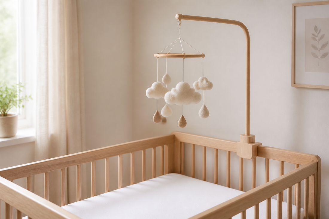 Three-quarter cot-side view of a light oak cot with a wooden mobile hanger holding a simple cloud-and-raindrop cot mobile high above a clear white mattress in a soft modern UK nursery