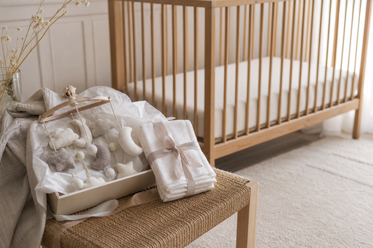 Detail-led view of a soft modern UK nursery with a gift-ready cot mobile and folded baby washcloths on a woven bench beside a clear light oak cot