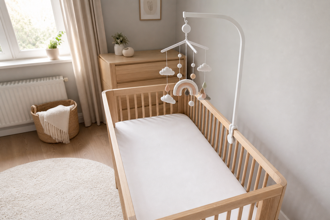 High-angle view of a light oak cot with a securely fitted white wooden mobile hanger and a simple cloud-and-rainbow cot mobile hanging high above a clear sleep space in a soft modern UK nursery