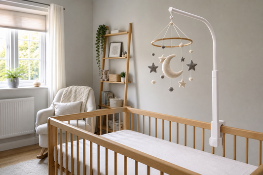 Diagonal nursery view of a light oak cot with a securely fitted white wooden mobile hanger and a moon-and-star felt cot mobile hanging high above a clear sleep space in a soft modern UK nursery