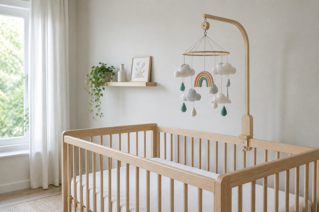 Light oak cot with a wooden mobile hanger holding a soft cloud mobile high above a clear modern UK nursery cot