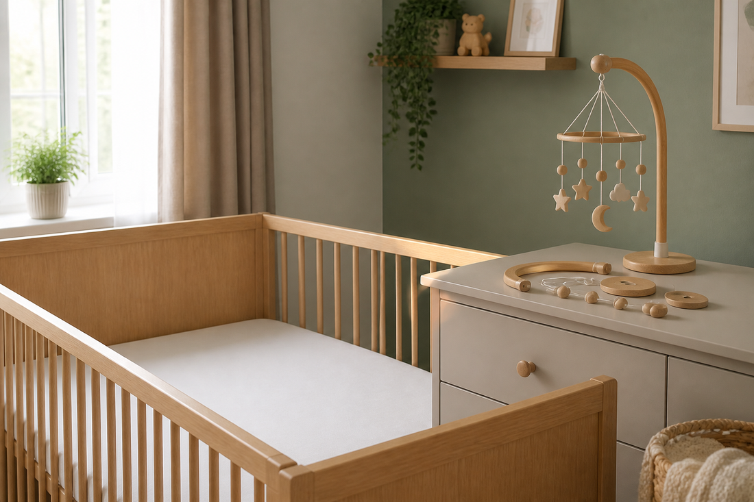 Three-quarter view of a soft modern UK nursery with a clear light oak cot and a wooden cot mobile resting neatly on a dresser beside fresh hanger parts