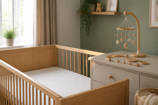 Three-quarter view of a soft modern UK nursery with a clear light oak cot and a wooden cot mobile resting neatly on a dresser beside fresh hanger parts