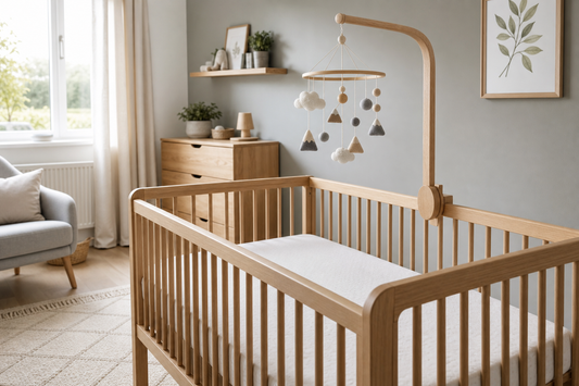 Wide nursery view of a light oak cot with a securely mounted wooden mobile hanger and neutral felt cot mobile hanging high above a clear sleep space