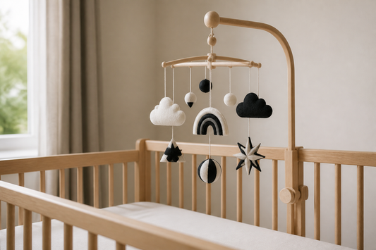 Detail-led three-quarter cot-side view of a light oak cot and wooden mobile hanger with a simple charcoal-and-ivory felt cot mobile hanging high above a clear white mattress in a soft modern UK nursery