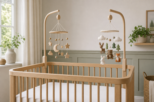 Soft modern nursery with a light oak cot and two wooden mobile hangers, showing a structured wooden moon-and-star mobile on one side and a softer felt woodland mobile on the other, both hanging high above a clear mattress