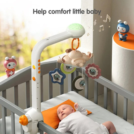 360° Rotating Baby Crib Mobile with Projection Night Light, Soothing Music, White Noise, and Hanging Rattle Toys