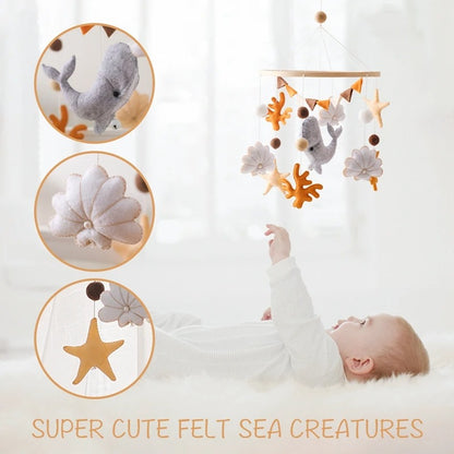 Blue & Orange Whale, Handmade Baby Mobile Wooden Bed Bell