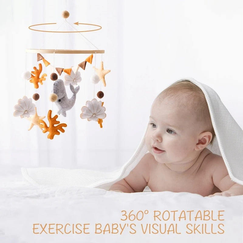 Blue & Orange Whale, Handmade Baby Mobile Wooden Bed Bell